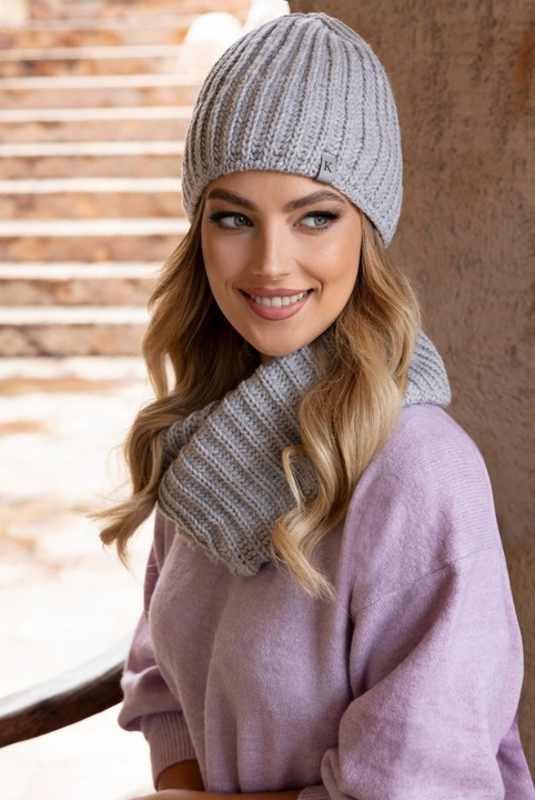 KAMEA téli szett, sapka és sál, alpaka gyapjú, szürke