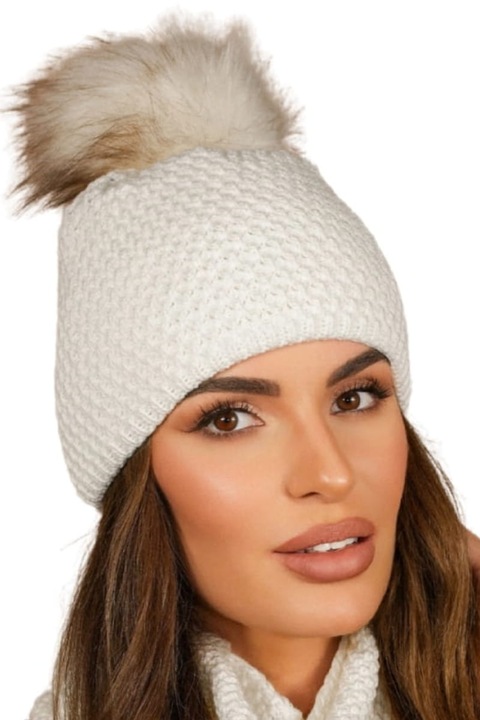 Női sapka KAMEA RUBBI, ekrü, pomponnal, tél