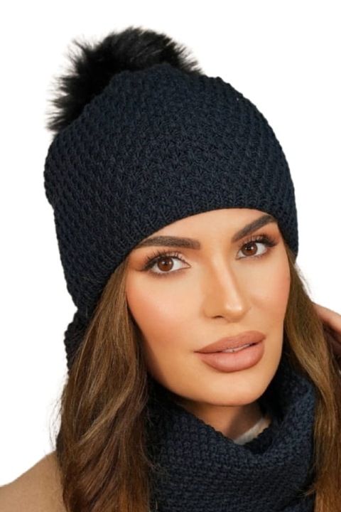 Női sapka KAMEA RUBBI, téli, pomponnal, tengerészkék