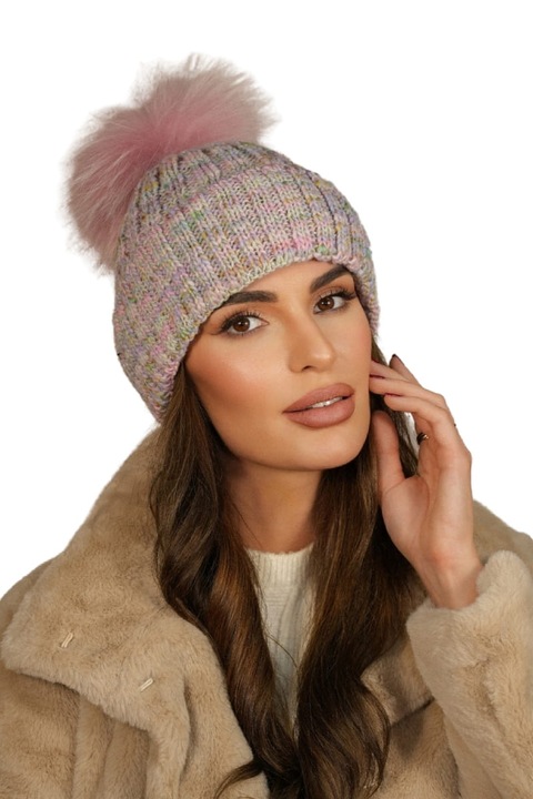 Caciula dama KAMEA Pavone, roz, cu pompon eco, 75% poliacril, 25% lana