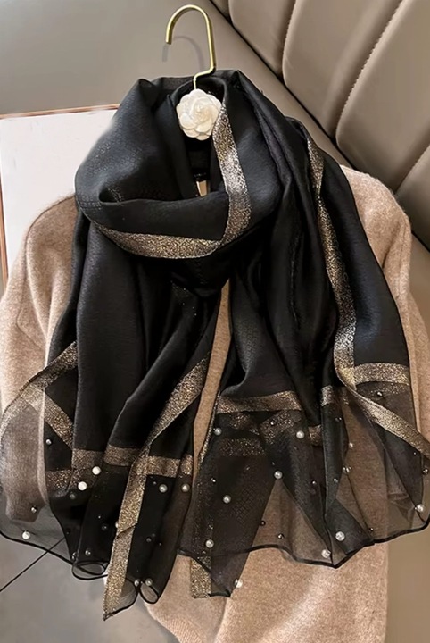 Елегантен черен шал с перли и блясък, KAMEA, 190x75 см