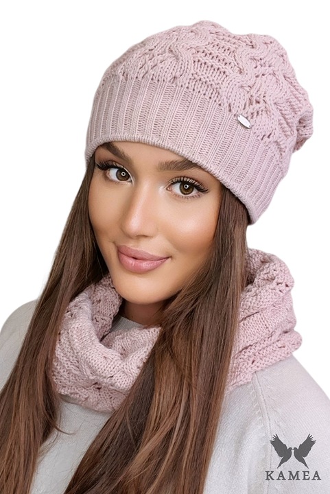 Caciula de iarna dama KAMEA, roz, set, material moale, captuseala calduroasa