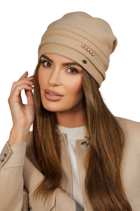 Caciula dama Kamea Sakura, camel, 80% lana, 20% poliamid, cu perle decorative