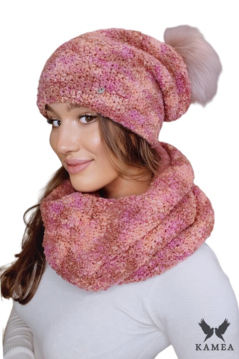 Caciula cu fular pentru dama, Lana, Roz, Universal