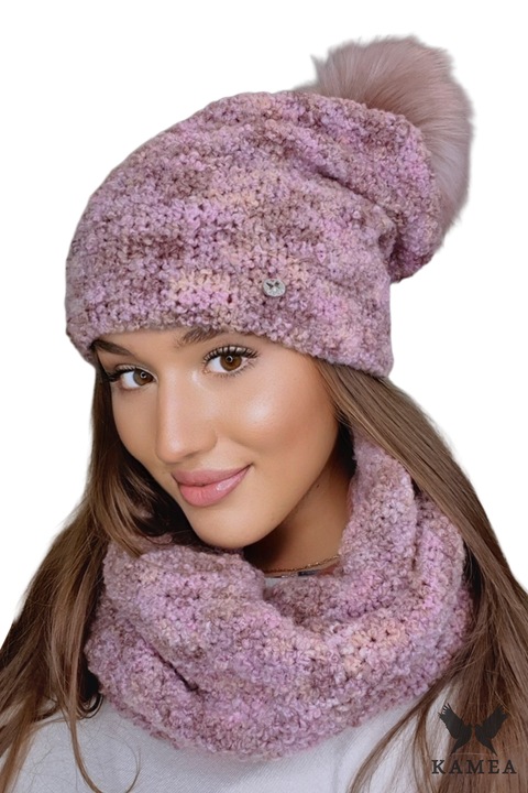 Set Caciula si fular dama, KAMEA, FAZILA-KOMPLET, roz, lana baby alpaca