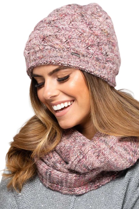 Caciula si komin dama KAMEA, roz, set, material moale, design cu impletitura