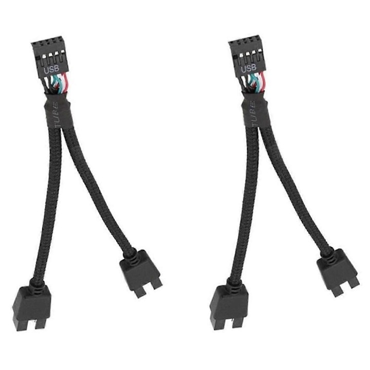 USB 2.0 9 tűs elosztó alaplaphoz, 2 db 9 tűs port, fonott kábel, fekete, 15 cm