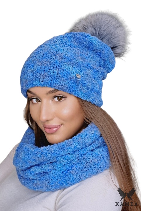 Caciula si fular pentru dama, Lana, Albastru, Universal