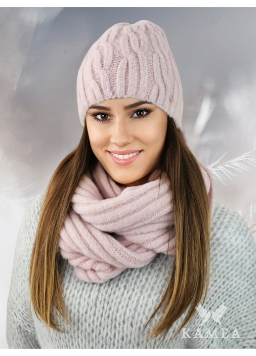 Комплект шапка и шал KAMEA, розов, мек материал, с вълна