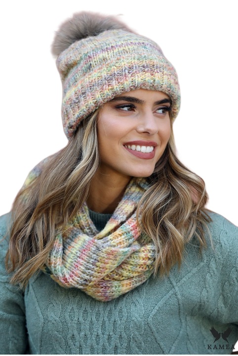 Set caciula si fular dama KAMEA, galben, material calduros, pompon mare