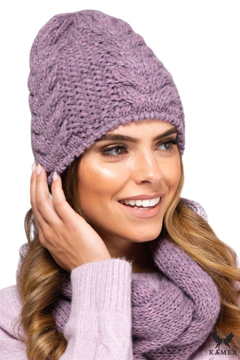 Set caciula si fular dama KAMEA, roz, model cu impletituri, captuseala polara