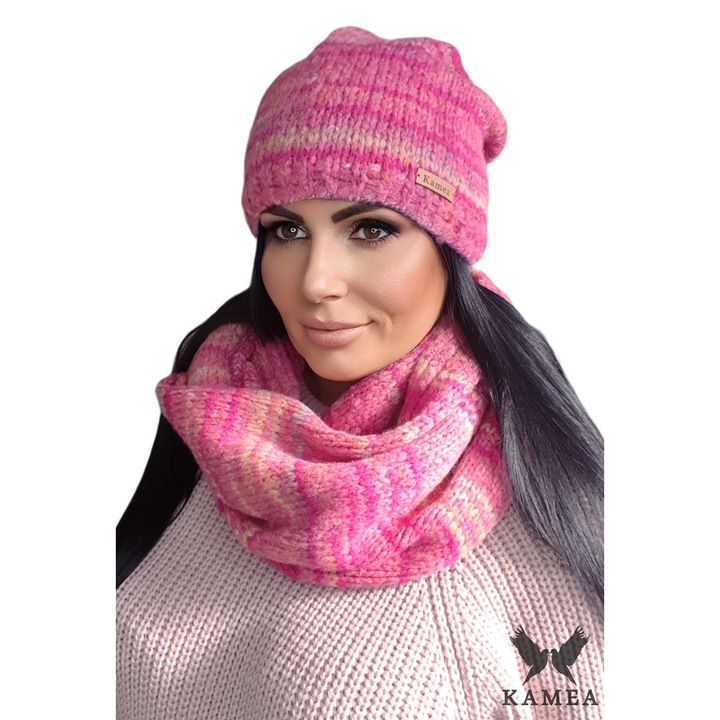 Set caciula si fular dama KAMEA roz amarant