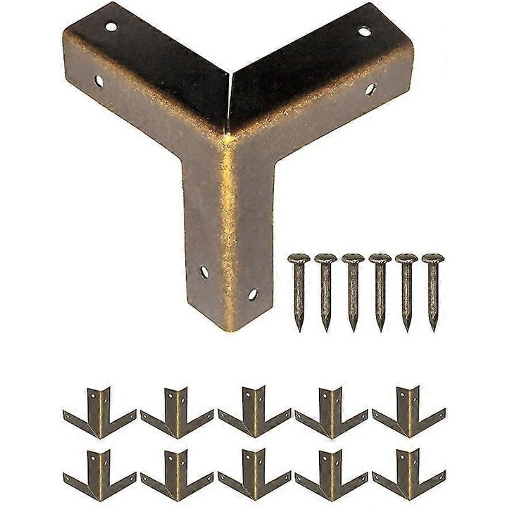 Set 10 coltare din alama vintage cu 40 cuie asortate, 32x32mm