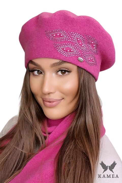 Beret dama KAMEA, zimowy, roz, cu perle si dzety, 100% welna
