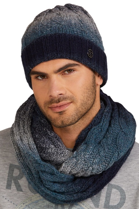 Caciula si fular barbati KAMEA, din lana, albastru