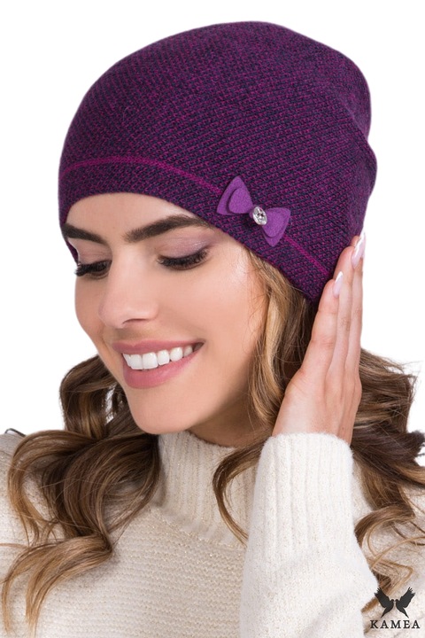 Caciula dama KAMEA, fucsia, design pepit, cu fundita, set disponibil