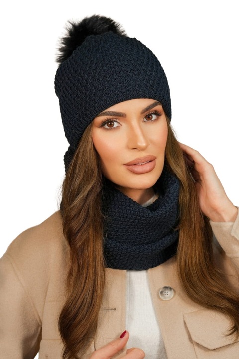 KAMEA sapka és sál szett, sötétkék, őszi-téli szezonra, pomponnal, elegáns design