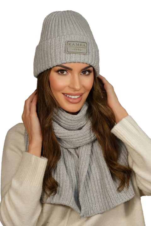Шапка и шал KAMEA LETICIA, светлосив, от кашмир и мериносова вълна, с памучна подплата