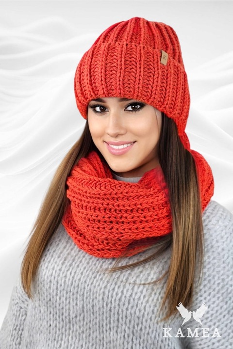 Caciula si fular KAMEA, complet, gros, portocalie