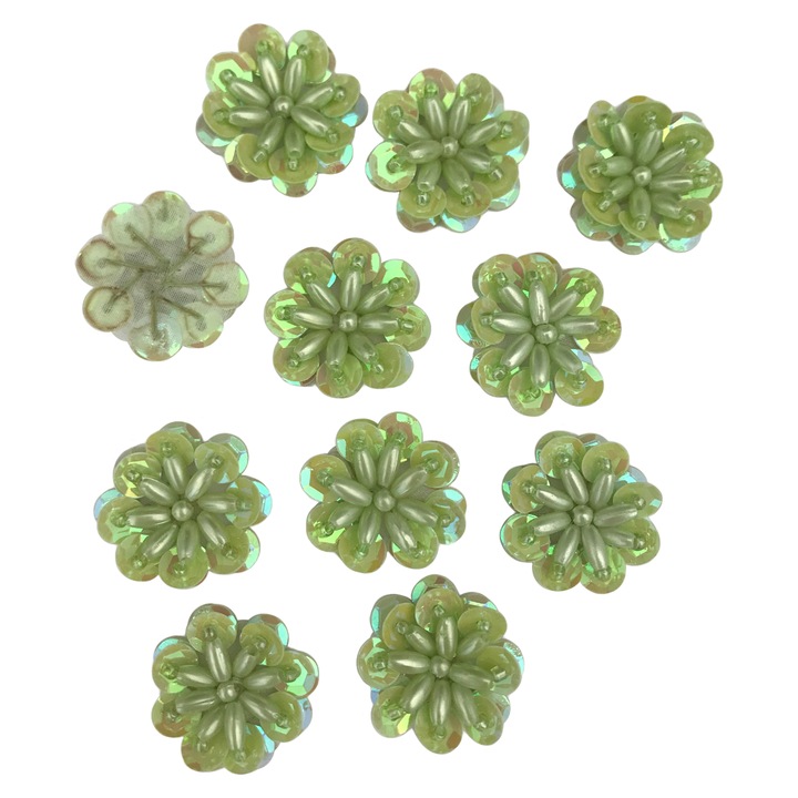 Floare 3D din paiete si margele, KAMEA, verde, 2,5 cm, set 10 buc.