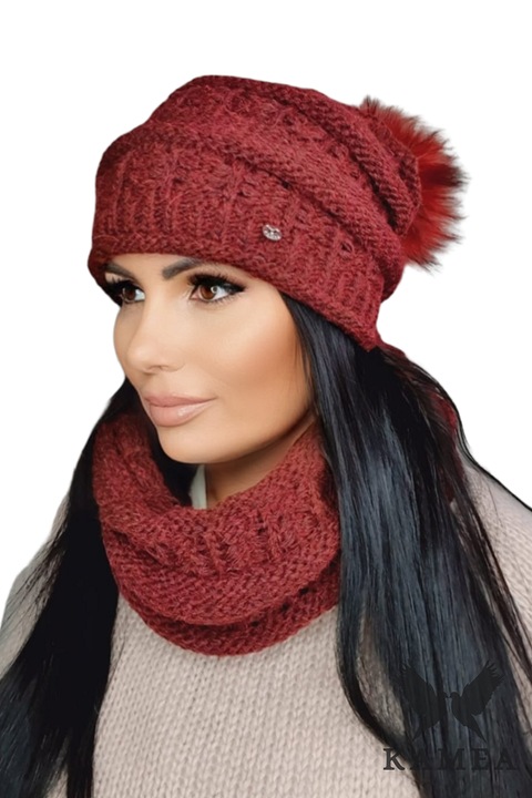 Set caciula si fular dama, KAMEA, model LIANA, visiniu