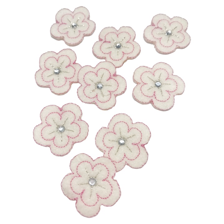 Floare din fetru cu strasuri, KAMEA, ecru-roz, 2,5 cm, set 10 buc.