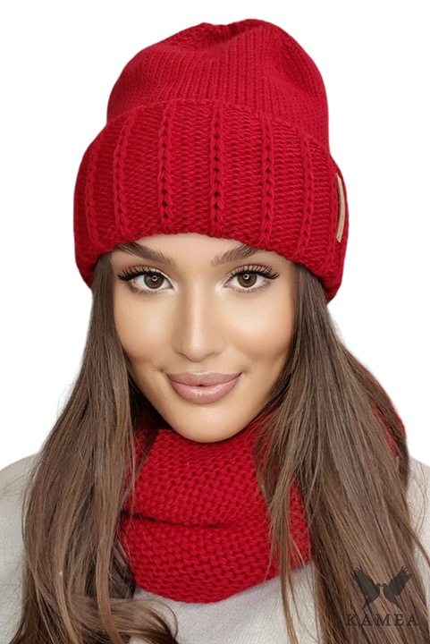 Set caciula si fular dama KAMEA, rosu, pentru sezonul toamna-iarna