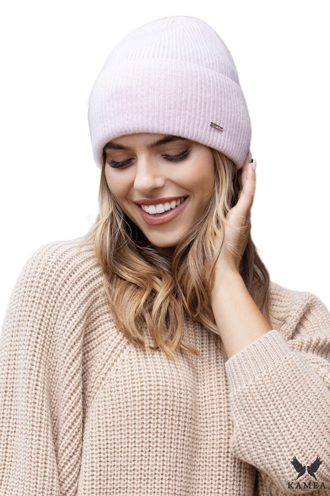 Caciula dama KAMEA, roz, din lana merino ultrafina si casmir, setabila in doua moduri