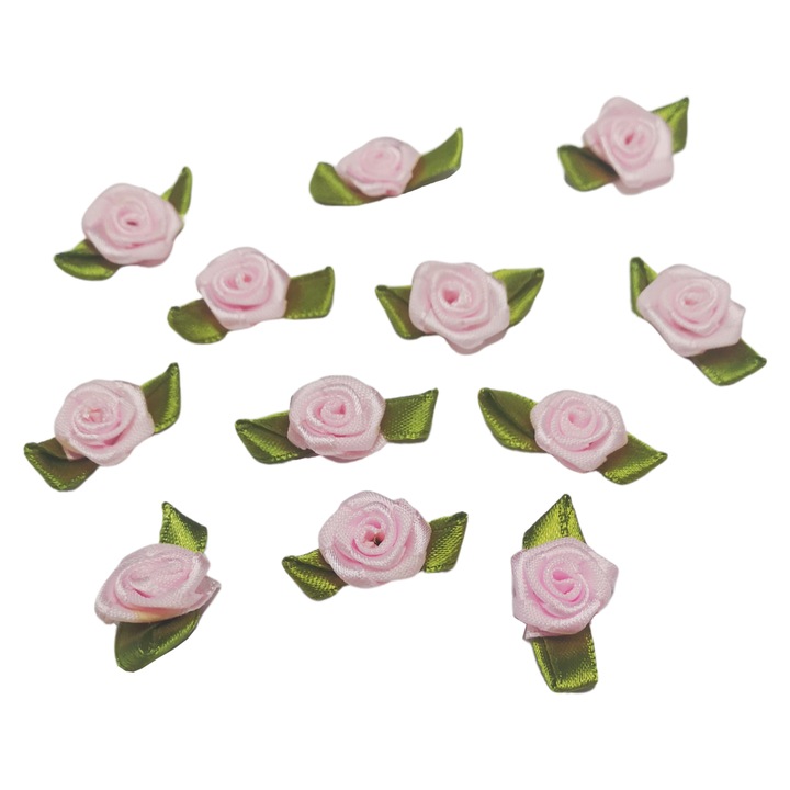Flori din satin cu frunza, KAMEA, roz, 10 bucati, 3x1.5cm