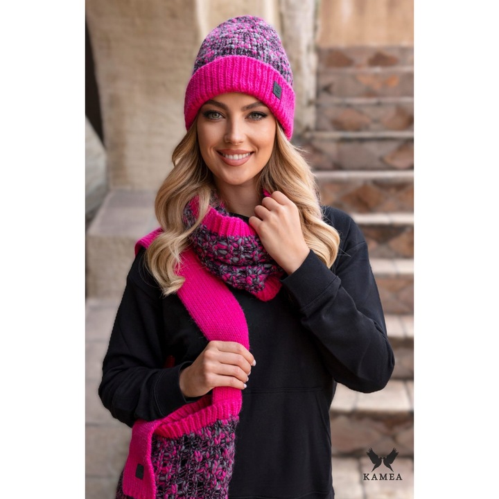 Set caciula si fular dama, KAMEA, lana de alpaca, roz
