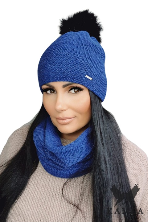 Caciula si fular dama KAMEA, granat, set, din lana de alpaca, cu pompon mare