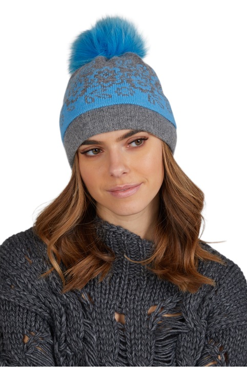 Caciula dama KAMEA LESSIE-POMPON, turcoaz, cu pompon natural si detalii florale