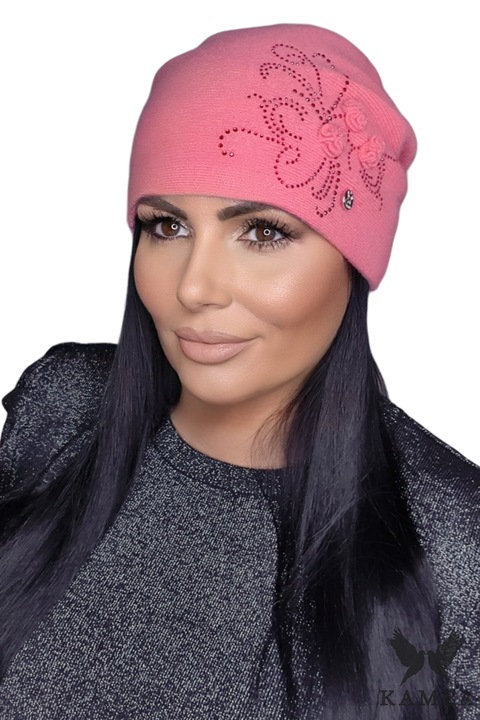 Caciula dama KAMEA MELISA, coral, 100% lana, cu aplicatii florale, set cu dzeti