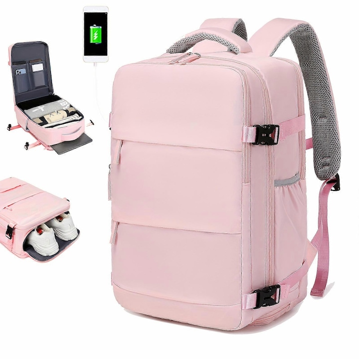 Rucsac pentru laptop, calatorie, impermeabil, roz, dimensiuni mari, compartiment pentru incaltaminte