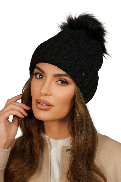 Дамска шапка KAMEA Furja, с помпон, акрил, универсален размер, черна