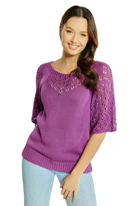 Bluza eleganta, KaMeA, Neli, maneci scurte, decolteu rotund, mov, bumbac