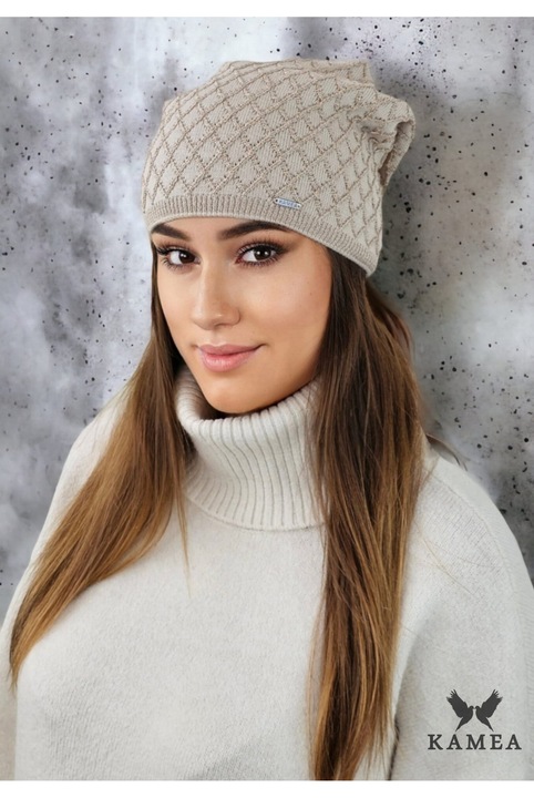 Дамска шапка KAMEA, геометричен модел, бежова, от вискоза, с панделка