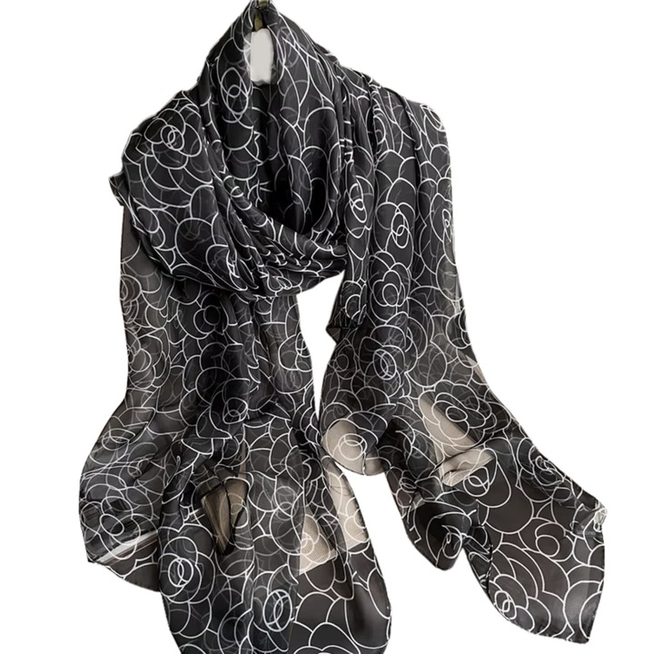 Sal elegant negru cu contur floral alb, KAMEA, 135x190cm