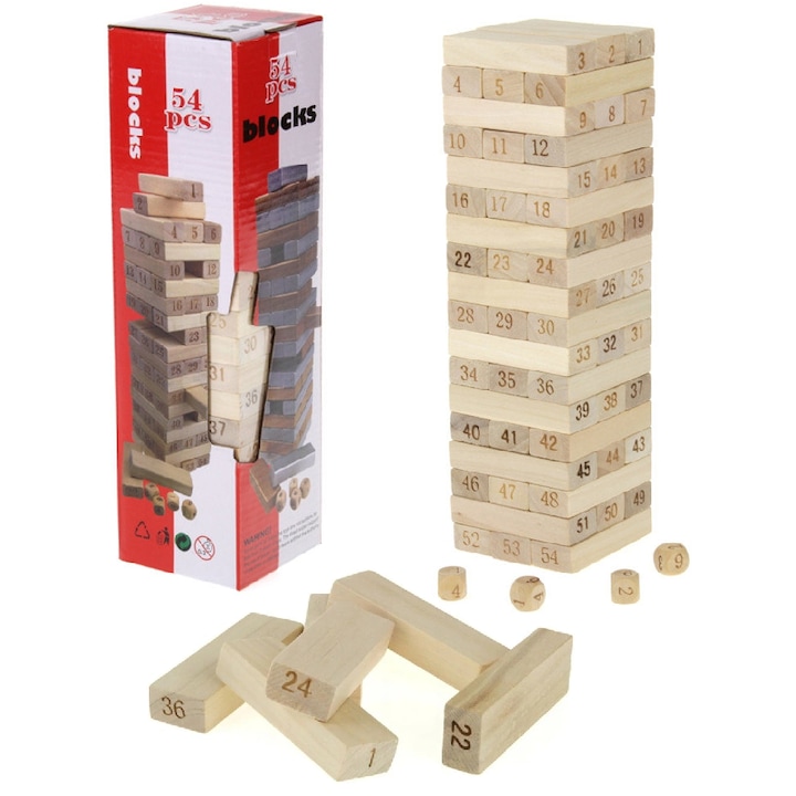 Joc de societate Jenga, Pegaz, 48 blocuri din lemn, 4 zaruri