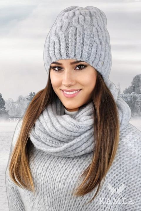 Set caciula si fular dama KAMEA, gri, material moale, cu lana