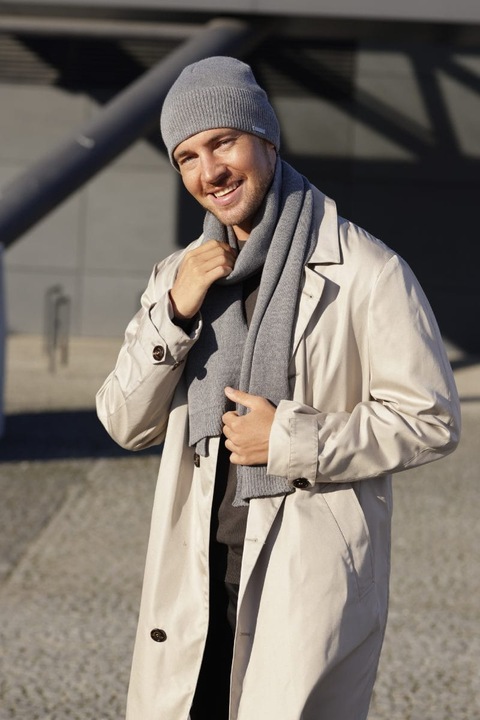 Set caciula si fular barbati KAMEA LUCAS - 100% lana Merino Extrafine, gri, dimensiuni caciula 54-60cm, fular 170x25cm