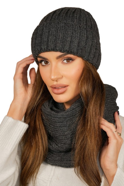 Комплект шапка и шал KAMEA, сив, мека материя, класически дизайн