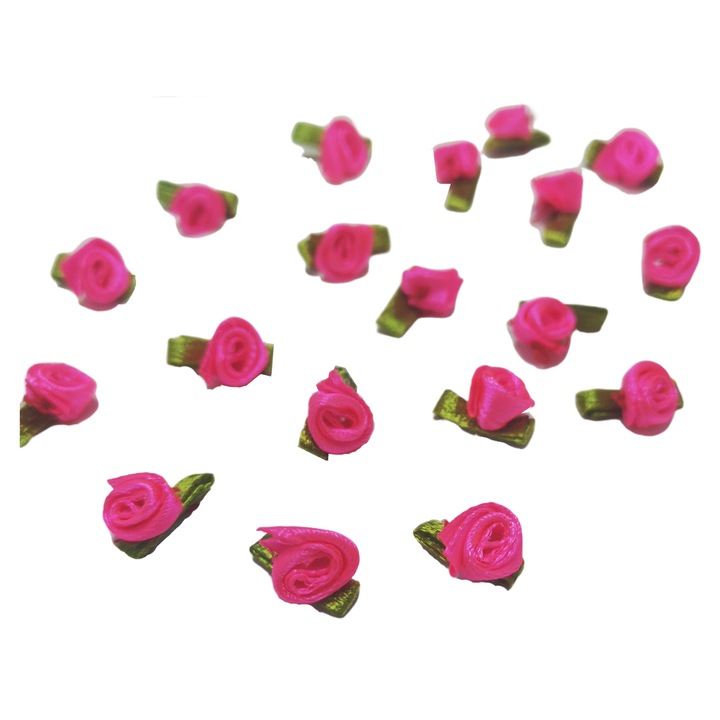 Flori din satin cu frunza, KAMEA, roz, set 10 bucati, 1,5x1cm