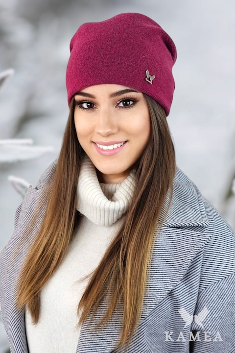 Дамска шапка KAMEA LILY, фуксия, от вълна, с лого, препоръчителен комплект с шал и ръкавици