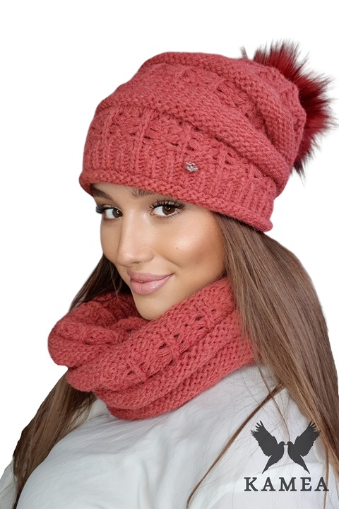 Caciula si fular dama KAMEA LIANA, sireturi neobisnuite, culoare corai