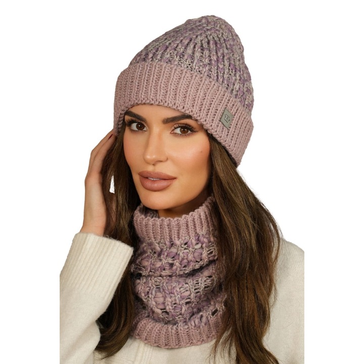 Set caciula si fular dama KAMEA, lana de alpaca, roz