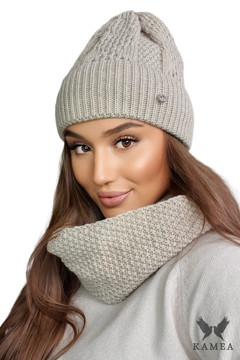 KAMEA női sapka és sál szett, bézs, kényelmes, őszi-téli szezonra