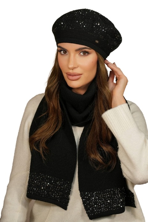 Set beret si fular KAMEA, negru cu argintiu, cu aplicatii de margele