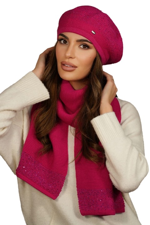 Set bereta si fular dama, KAMEA, cu detalii din margele, zmeura