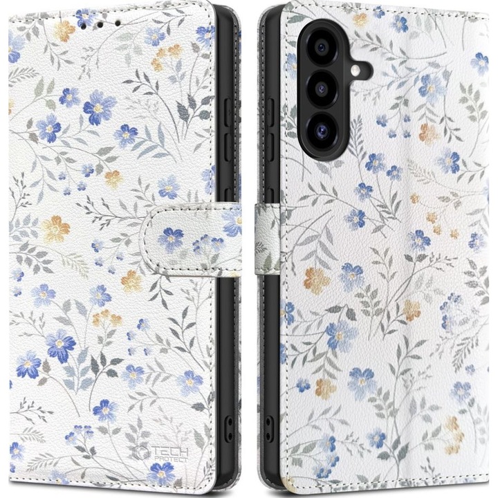 Samsung Galaxy A17 4G / A17 5G SM-A175F / A176B kompatibilis, Oldalra nyíló tok, stand, mágnes csattal, tavaszi virág minta, TP Wallett Spring Flowers, fehér/színes